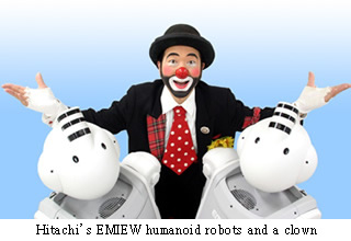 Hitachi's EMIEW humanoid robots and a clown