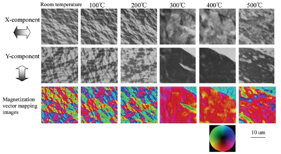Spin SEM images of magnetic domains in cobalt single crystal as function of　temperatures up to 500℃