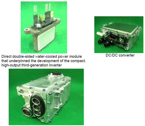 [image Left]Direct double-sided water-cooled power module that underpinned the development of the compact,high-output third-generation inverter, [image Left]DC/DC converter
