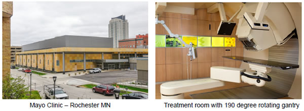 [image](left)Mayo Clinic - Rochester MN,[image](right)Treatment room with 190 degree rotating gantry