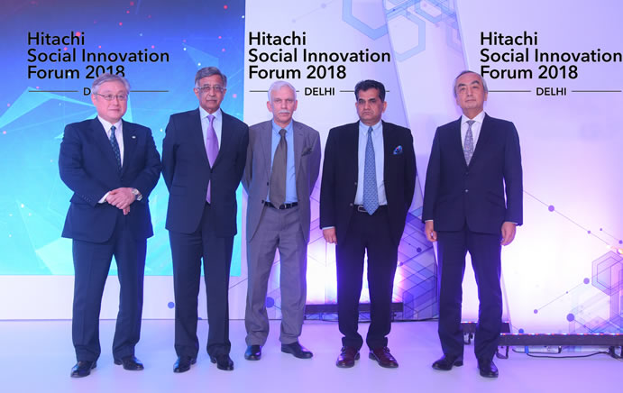 [image]From Left - Mr. Toshiaki Higashihara, Global President & CEO, Hitachi, Ltd., Mr. Baba Kalyani,  Chairman & MD, Bharat Forge Hitachi, Ltd, Mr. Atul Chaturvedi, Joint Secy, DIPP, Mr. Amitabh Kant,  CEO, NITI Aayog, Mr. Kenji Hiramatsu, Ambassador for Japan to India at Hitachi Social Innovation Forum 2018, Delhi