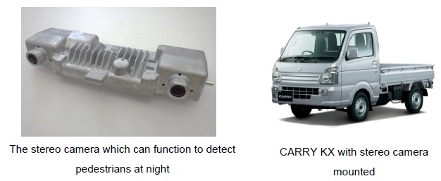 [image](left)The stereo camera which can function to detect pedestrians at night, (right)CARRY KX with stereo camera mounted