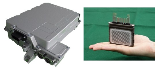 [image]Fig. 1. 800V inverter developed for EVs (left); Double-sided cooled power module (right)