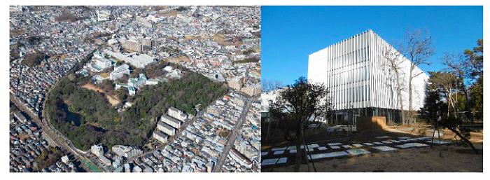 (left)Aerial view of Kyōsō-no-Mori, (right)New research building "Kyōsō-to"