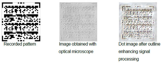 [photo](left)Recorded pattern (center)Image obtained with optical microscope (right)Dot image after outline enhancing signal processing