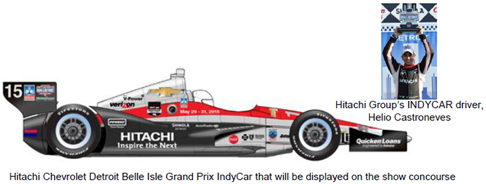 [image](upper right)Hitachi Group's INDYCAR driver,Helio Castroneves,(lower left)Hitachi Chevrolet Detroit Belle Isle Grand Prix IndyCar that will be displayed on the show concourse