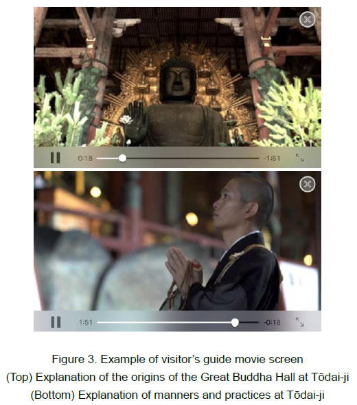 [image]Figure 3. Example of visitor's guide movie screen(Top) Explanation of the origins of the Great Buddha Hall at Todai-ji (Bottom) Explanation of manners and practices at Todai-ji
