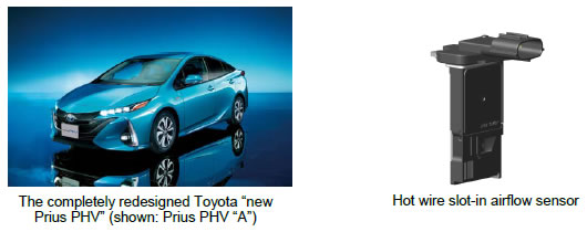 [image](left)The completely redesigned Toyota “new Prius PHV” (shown: Prius PHV “A”),(right)Hot wire slot-in airflow sensor