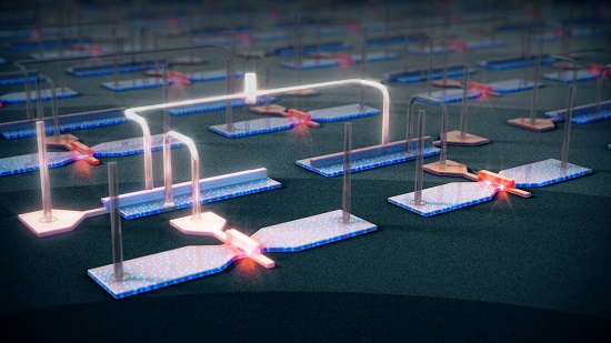 [image]Artistic representation of the CMOS hybrid circuit used to perform the experiment: The chip contains two cells, each composed of one control transistor and one quantum device.