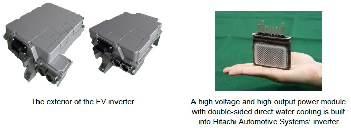 [image](left)The exterior of the EV inverter, (right)A high voltage and high output power module with double-sided direct water cooling is built into Hitachi Automotive Systems' inverter