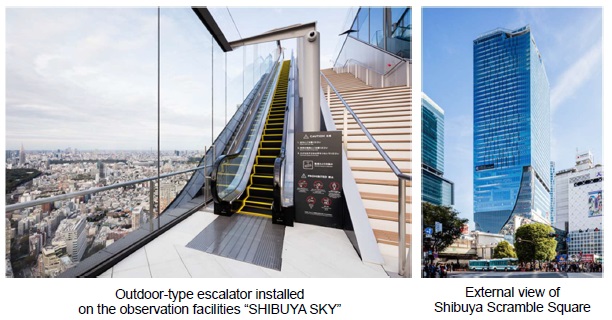 [image](left)Outdoor-type escalator installed  on the observation facilities "SHIBUYA SKY", (right)External view of  Shibuya Scramble Square