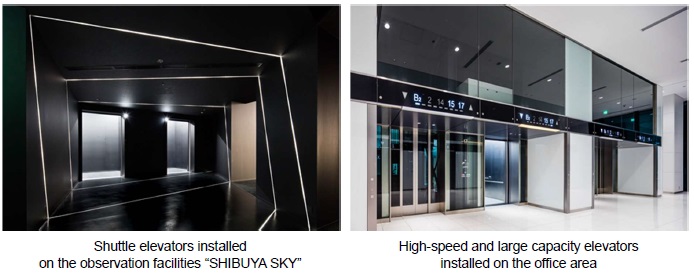 [image](left)Shuttle elevators installed on the observation facilities "SHIBUYA SKY", (right)High-speed and large capacity elevators installed on the office area