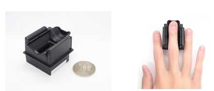 [image]H4E series compact finger vein authentication module exterior (left) and example of the usage (right)