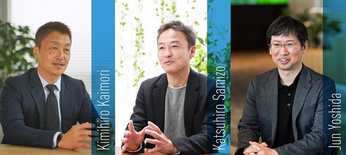 [image]From left to right, Kimihiro Kaimori, Katsuhiro Samizo, and Jun Yoshida were appointed as Chief AI Transformation Officers for their respective sectors.