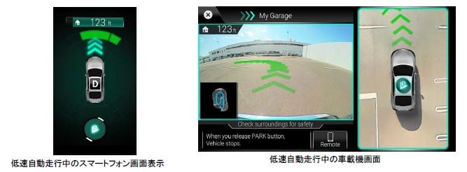 [画像](左)低速自動走行中のスマートフォン画面表示、 (右)低速自動走行中の車載機画面