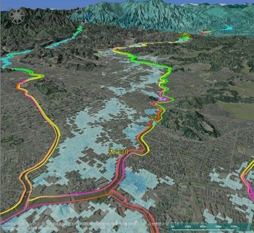 [画像]太平川の水位・洪水のシミュレーション画面