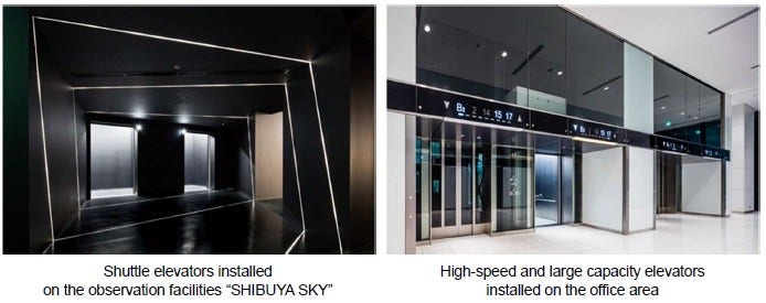 [image](left)Shuttle elevators installed on the observation facilities "SHIBUYA SKY", (right)High-speed and large capacity elevators installed on the office area