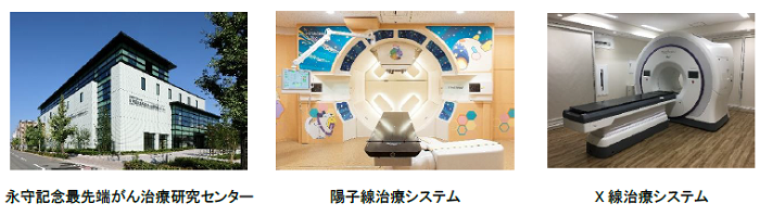 [画像](左)永守記念最先端がん治療研究センター、(中)陽子線治療システム、(右)X線治療システム