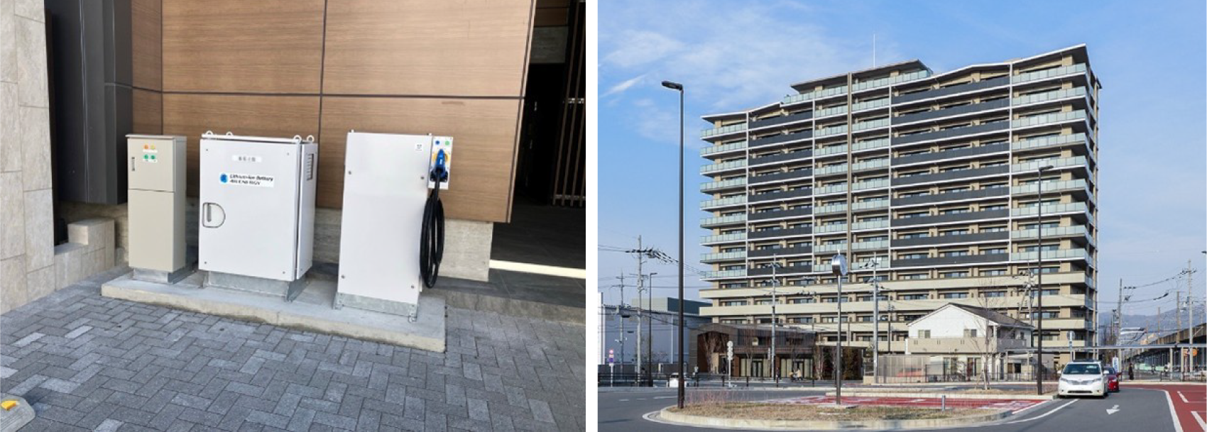 ［図4］シエリアシティ星田駅前（左）とV2Xシステム（右）の外観