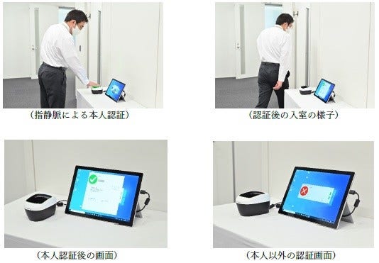 [画像](上段左から)指静脈による本人認証、認証後の入室の様子、(下段左から)本人認証後の画面、本人以外の認証画面