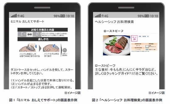 [画像](左)図1 「ミニマル おしえてサポート」の画面表示例 (右)図2 「ヘルシーシェフ お料理検索」の画面表示例
