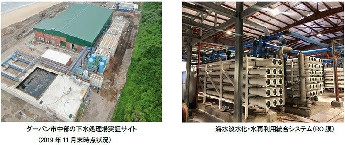 [画像](左)ダーバン市中部の下水処理場実証サイト(2019年11月末時点状況)、(右)海水淡水化・水再利用統合システム(RO膜) 