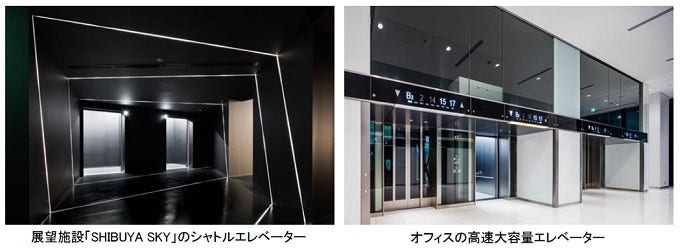 [画像](左)展望施設「SHIBUYA SKY」のシャトルエレベーター、(右)オフィスの高速大容量エレベーター