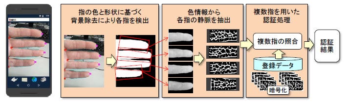 図: スマートフォン搭載のカメラによる指静脈認証の基本原理