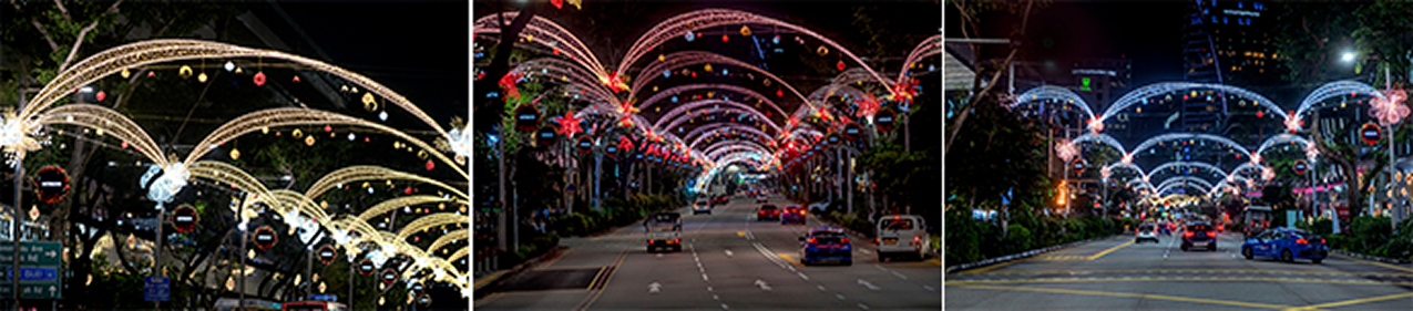 Photo of the main arch at the Scotts-Paterson Road junctions features a burst of colourful lights accented by red and rose gold poinsettias, a traditional Christmas flower that symbolises purity and mirth. (Photo Credit: Orchard Road Business Association)