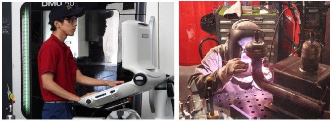 [画像]「CNCフライス盤」職種で銀メダルを獲得した菊池選手(左)と「溶接」職種で銅メダルを獲得した吉田選手(右)