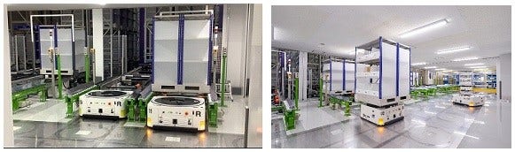[画像]小西医療器の新物流拠点(大阪ソリューションセンター)で自動倉庫と連係する小型無人搬送ロボット「Racrew」