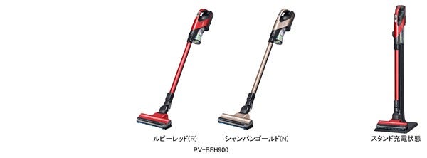 [画像]PV-BFH900(左)ルビーレッド(R)、(中央)シャンパンゴールド(N)、（右)スタンド充電状態