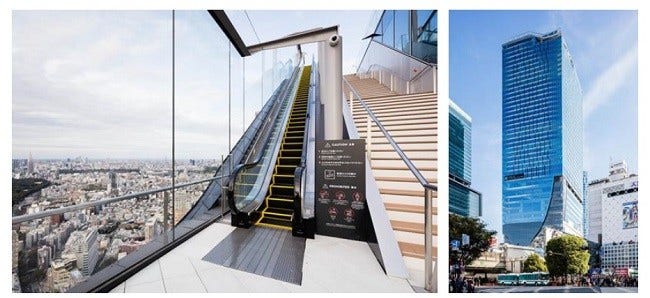 [画像]展望施設「SHIBUYA SKY」の屋外型エスカレーター(左)と「渋谷スクランブルスクエア第Ⅰ期(東棟)」の外観(右)