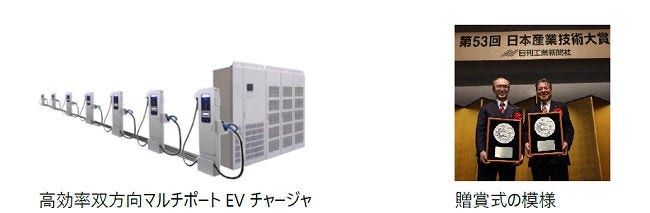 [画像](左)高効率双方向マルチポートEV チャージャ(右)贈賞式の模様