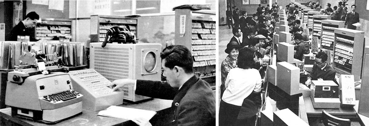 画像: 開設当時の座席予約窓口の状況 (左 : MARS-1(東京駅・1960年、出典：RRR, 2018.2, 39)、右 : MARS 101(東京駅・1965年、出典：日本国有鉄道百年写真史)