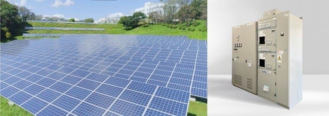 [画像]日立の大みか事業所における実証に用いられている、太陽光発電機(左)とBTB(右)