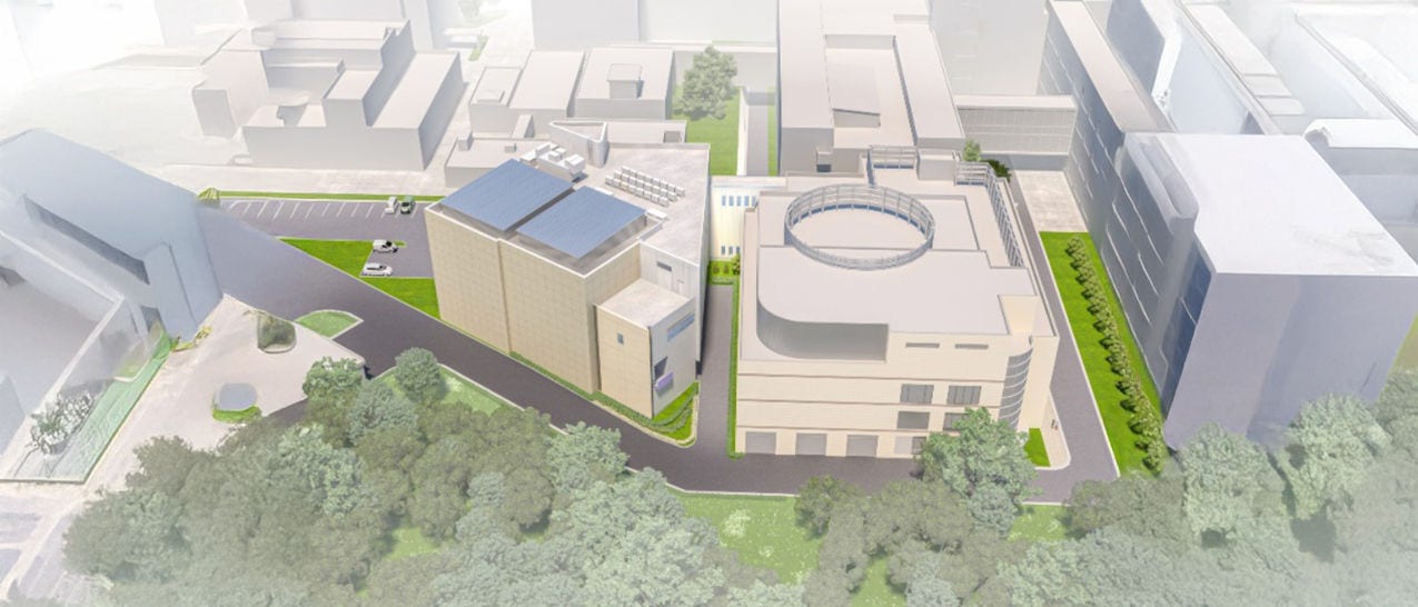 Image of New Proton Therapy Center. The new center is on the left of existing site