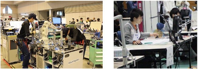 [画像]真剣な表情で競技にのぞむ、メカトロニクス職種の村山・中澤チーム(左)と、機械製図職種の井元選手(右)