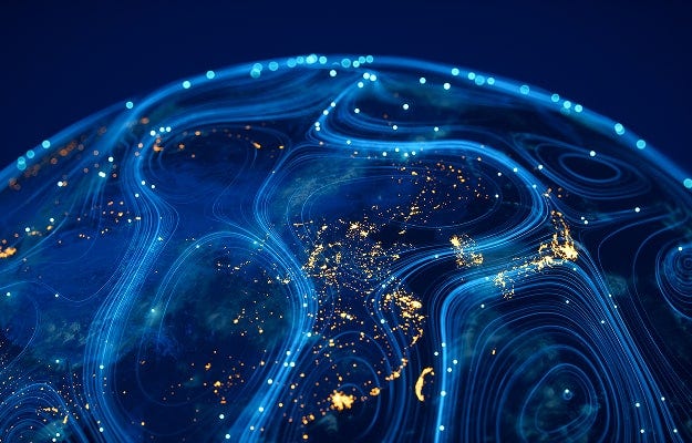 Stylized representation of Earth. Featuring glowing blue lines and patterns resembling data flow or energy