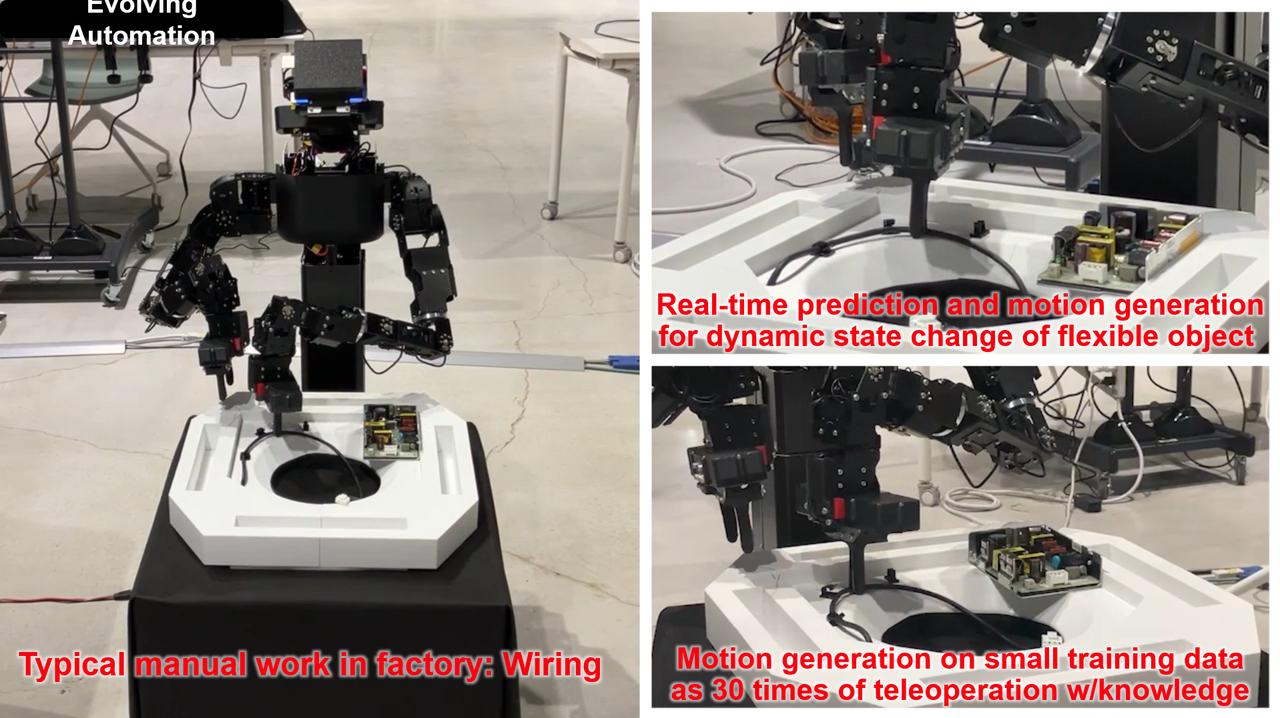 画像: (写真：熟練者の動きを学習したAIロボットが、２本指で器用にケーブルをつまみ作業する様子)
