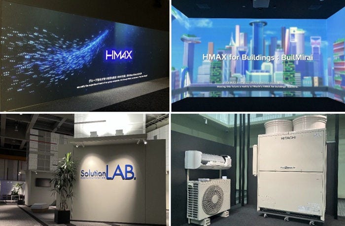 [画像]日立の創業から「Inspire 2027」でめざす姿を紹介するブランディングエリア(左上)、没入感ある映像でビルの未来を紹介する3面シアター(右上)、One Hitachiでの総合力を体験いただける展示コーナーの入口(左下)、 業務用空調の制御をAR 技術により可視化して体験するコーナー(右下)
