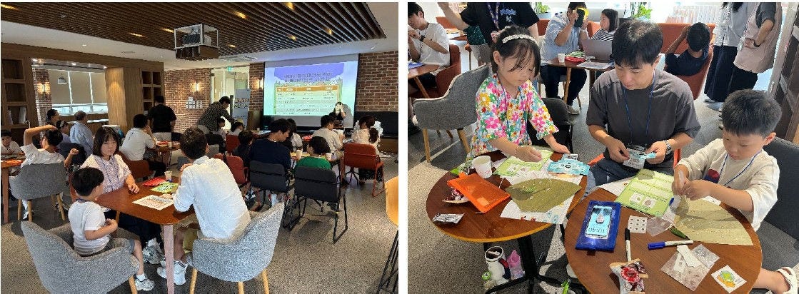 사진: 히타치하이테크코리아 임직원이 과학캠프를 진행하며, 임직원과 자녀가 함께 직접 종이 현미경을 만들고, 물체를 관찰하고 있다.