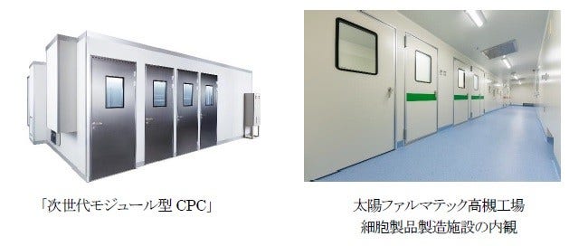 [画像](左)「次世代モジュール型CPC」、(右)太陽ファルマテック高槻工場 細胞製品製造施設の内観