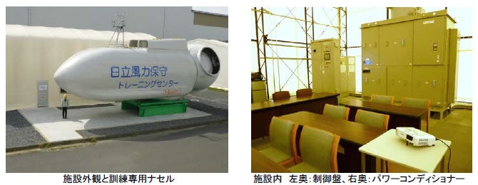 [左側]施設外観と訓練専用ナセル [右側]施設内　左奥：制御盤、右奥：パワーコンディショナー