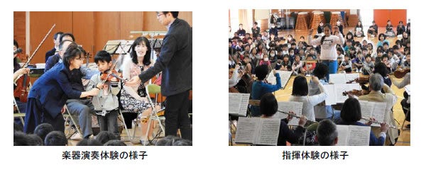 [画像](左)楽器演奏体験の様子 (右)指揮体験の様子