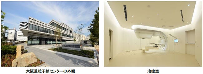 [画像](左)大阪重粒子線センターの外観、(右)治療室