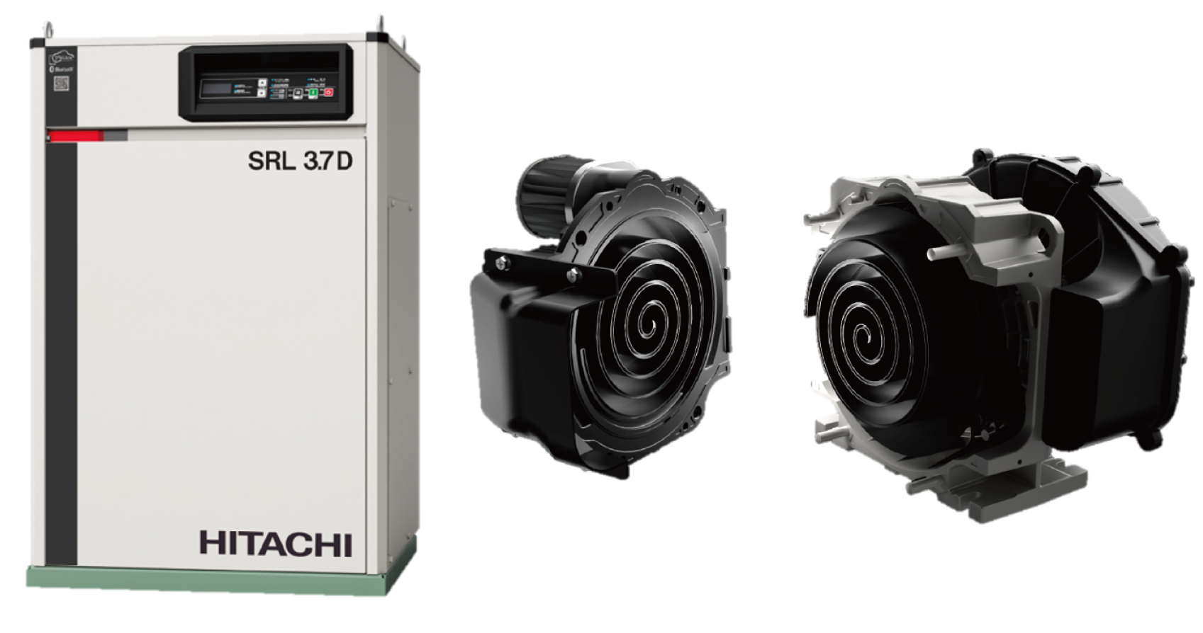 ［図8］オイルフリースクロール圧縮機Gシリーズのパッケージ外観（左）および新型圧縮機本体内部構造（中央、右）