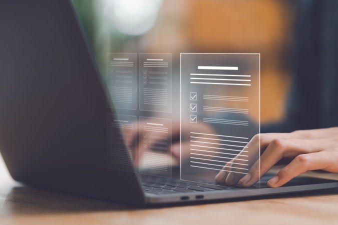 Businessman showing online document validation icon, Concepts of practices and policies, company articles of association Terms and Conditions, regulations and legal advice, corporate policy