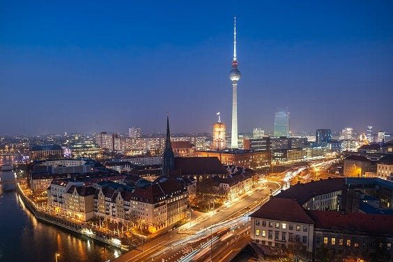 stunning view over Berlin city center and the Spree river at night
