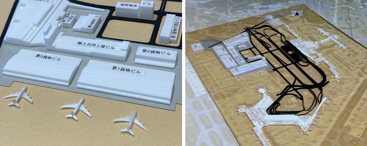 画像: 左：3Dプリンターで制作した空港の縮小モデル 右：縮小モデルとプロジェクションマッピングの組み合わせ